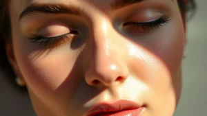 Close-up of a woman's face showing smooth, radiant skin texture, natural sunlight, serene expression, spa-like calm aesthetic, photorealistic, no visible hair or blemishes
