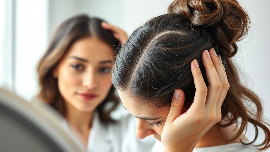A woman examining her scalp in a mirror with visible hair density improvement, natural lighting, close-up of healthy scalp texture, professional dermatology setting atmosphere, confident expression, photorealistic