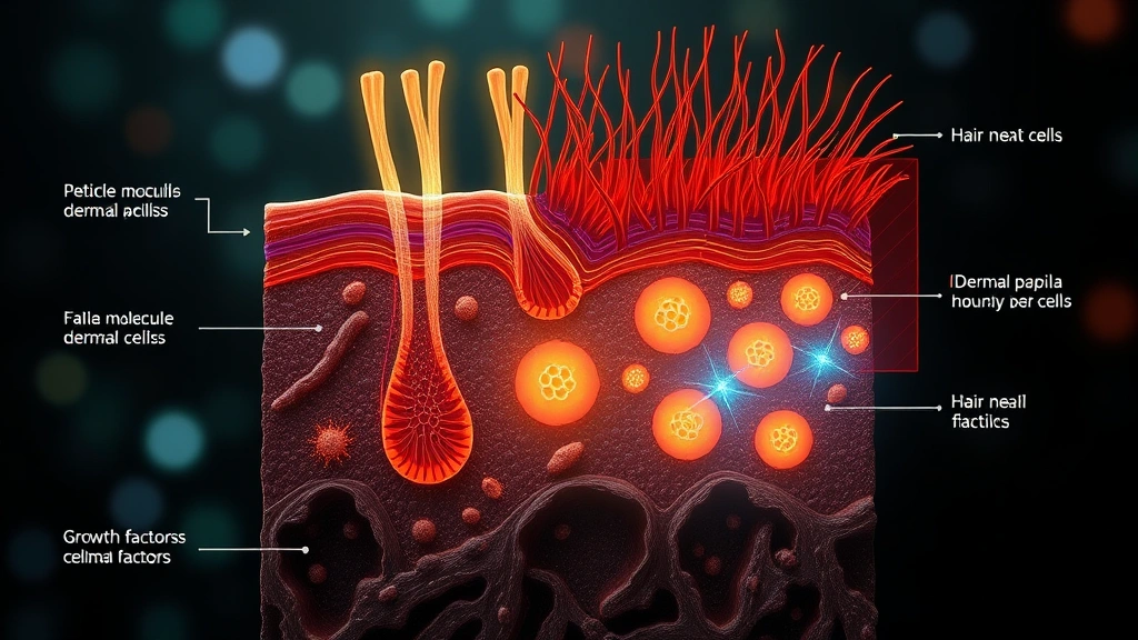 Cross-section diagram visualization of hair follicle growth stages showing peptide molecules activating dermal papilla cells, vibrant cellular activity, glowing growth factors, scientific yet accessible aesthetic, no text overlay