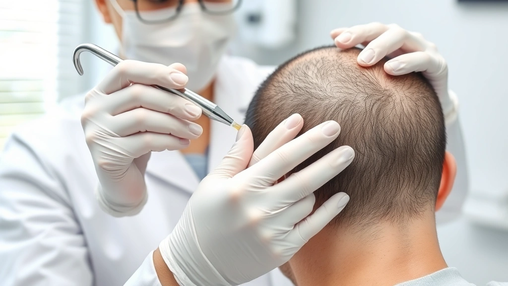 A professional dermatologist applying treatment serum to a patient's scalp with precision instruments, clinical setting, focus on scalp health and treatment application technique, natural lighting, photorealistic medical environment