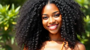 Woman with lush, healthy coiled Black hair smiling confidently, natural sunlight highlighting hair texture and shine, outdoor setting with greenery