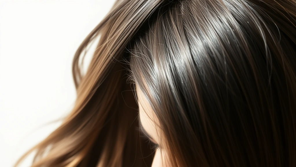 Woman with thick, healthy hair flowing over shoulders, natural lighting, confident expression, close-up of scalp showing hair density and shine, wellness-focused aesthetic