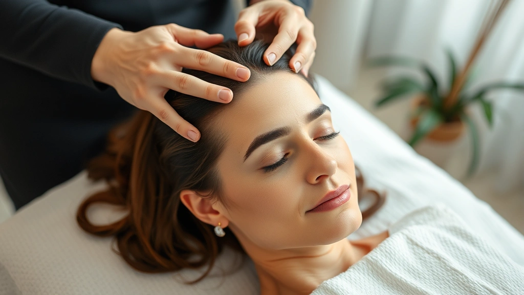 Woman receiving professional scalp massage or treatment, hands working on hair roots, peaceful spa-like environment, demonstrating hair care ritual and self-care commitment