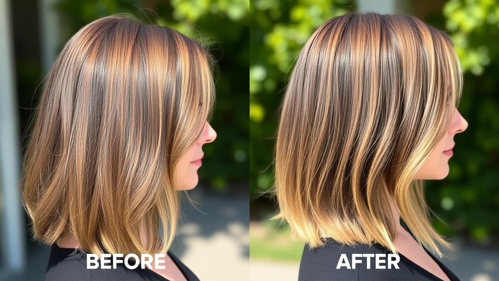 Before and after hair comparison showing improved density and thickness, woman's profile view, natural sunlight highlighting hair quality, personal transformation imagery