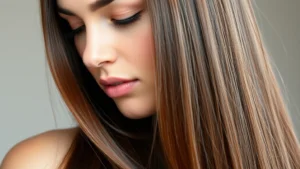 Woman with long, healthy, shiny hair after professional treatment, natural lighting, serene expression, close-up of hair texture showing shine and strength, no text visible