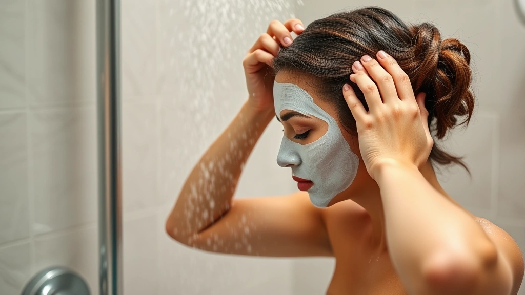 Person applying deep conditioning hair mask in shower, focused on hair care ritual, steam visible, professional spa-like setting, genuine moment of self-care