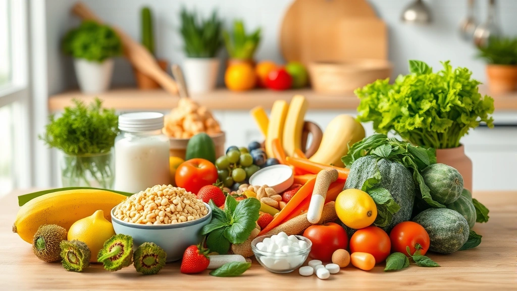 Nutritious meal with protein-rich foods, vitamins, minerals, and supplements arranged naturally, fresh produce, clean bright kitchen setting, representing holistic health approach to hair growth