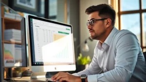 A focused professional reviewing financial data on a computer screen with Excel spreadsheet showing growth charts, morning sunlight through office window, confident and analytical expression, hands on desk with notebook
