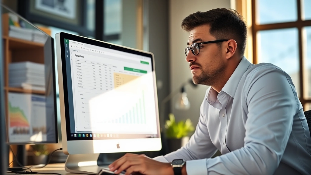 A focused professional reviewing financial data on a computer screen with Excel spreadsheet showing growth charts, morning sunlight through office window, confident and analytical expression, hands on desk with notebook