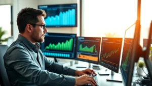 Professional analyst reviewing growth charts on computer screen, focused expression, modern office desk with multiple monitors displaying financial data and graphs, natural daylight from window, motivational energy