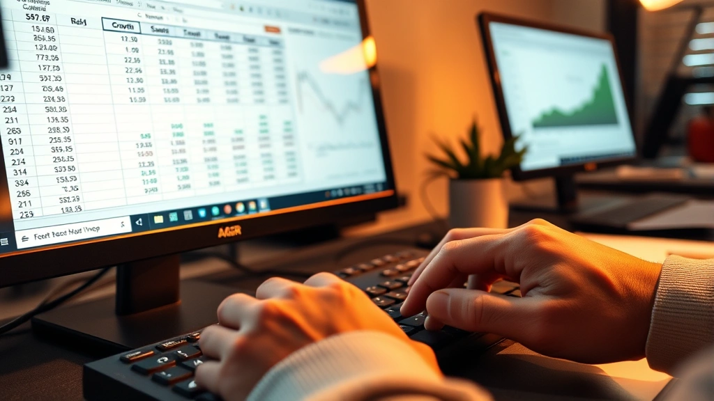 Close-up of hands typing on keyboard with Excel spreadsheet visible on monitor showing CAGR calculations and growth metrics, warm office lighting, determined concentration, success-oriented atmosphere