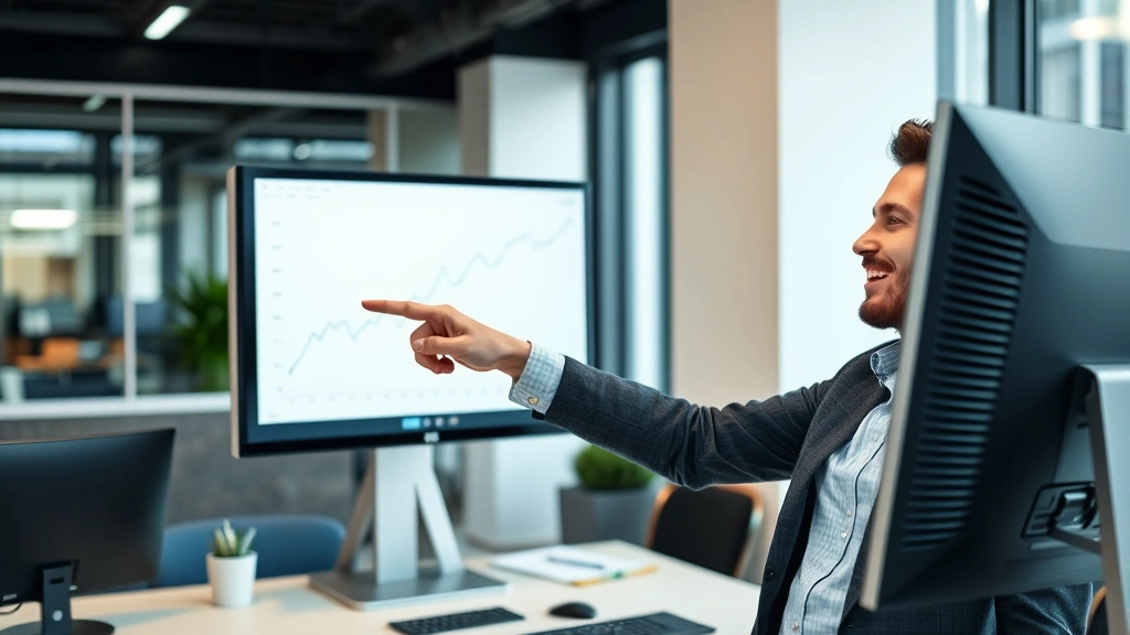 A determined individual pointing at a rising trend line on a monitor, professional business casual attire, clean modern office environment, expression showing satisfaction and understanding of data insights