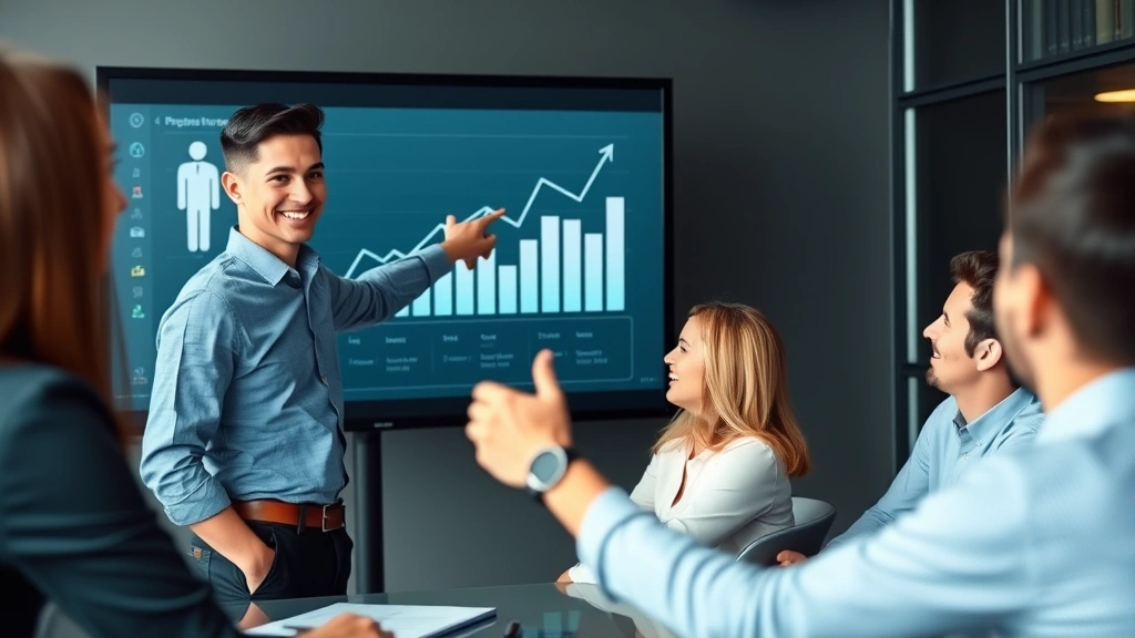 Young professional presenting growth performance data to team using large display screen, pointing at upward trending charts, collaborative environment, confident posture, celebration of achievement and progress
