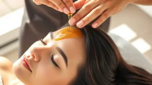 Person with healthy glowing scalp receiving oil massage treatment, warm golden oil flowing through dark hair, professional spa setting, natural sunlight, serene expression showing relaxation and self-care