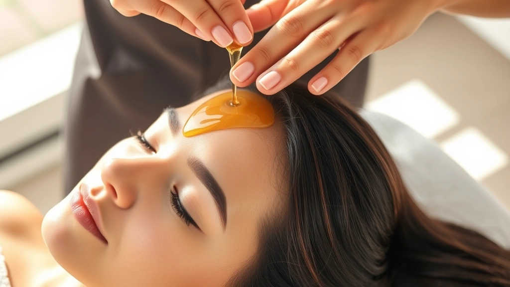 Person with healthy glowing scalp receiving oil massage treatment, warm golden oil flowing through dark hair, professional spa setting, natural sunlight, serene expression showing relaxation and self-care
