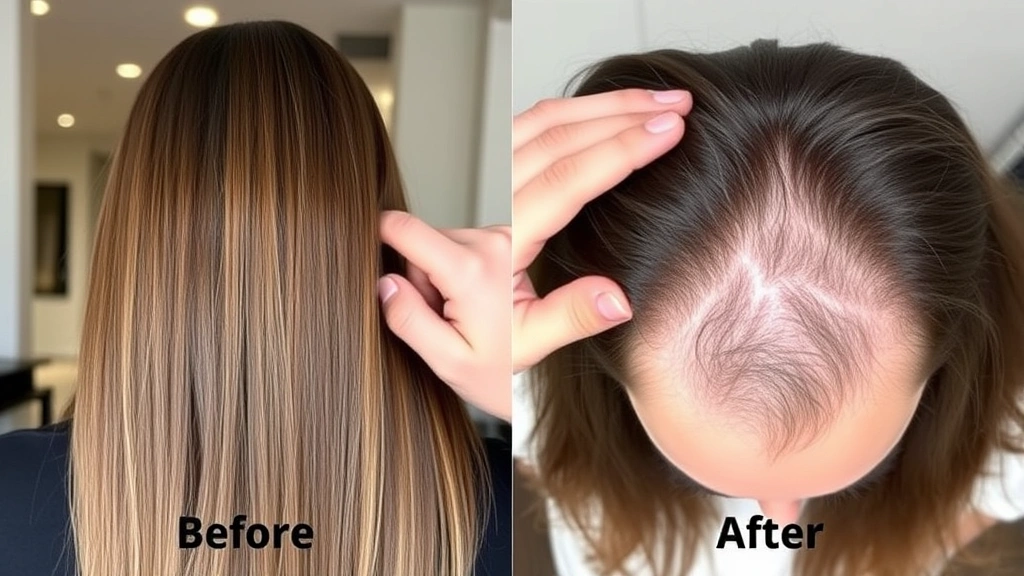 Before and after hair growth comparison showing longer, thicker, shinier hair strands, person running fingers through voluminous hair confidently, healthy scalp visible, transformation evident