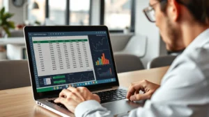 Person working at laptop with Excel spreadsheet showing growth percentage calculations and charts, focused expression, modern office environment, natural lighting