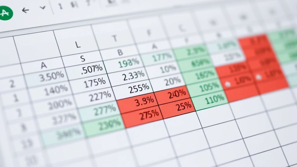 Close-up of Excel spreadsheet with growth percentage formulas, colorful conditional formatting with green and red highlights, professional dashboard layout