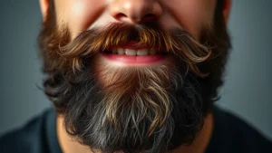 Close-up of a healthy, full beard on a confident man's face, showing thick dense facial hair with natural texture, professional studio lighting, warm tones, emphasizing vitality and masculinity, photorealistic high-quality image