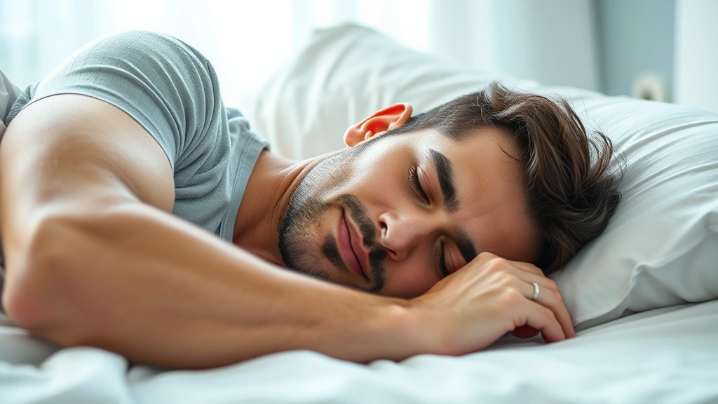 Man sleeping peacefully in clean bedroom with soft natural lighting, relaxed expression on face, quality bedding, serene environment, photorealistic image showing restorative sleep and hormonal optimization benefits