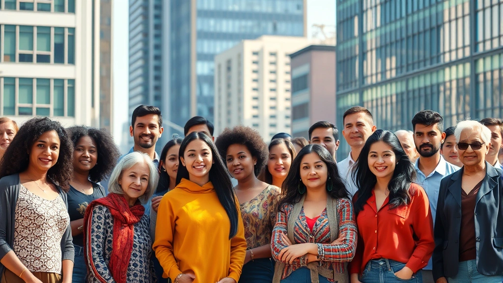 Diverse group of people of different ages and ethnicities standing together in a modern city environment with buildings visible, representing population diversity and growth, natural lighting, photorealistic