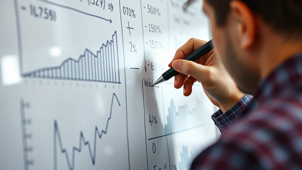 Close-up of a person writing calculations and growth charts on a whiteboard with mathematical formulas visible, focused concentration, natural office lighting, photorealistic style
