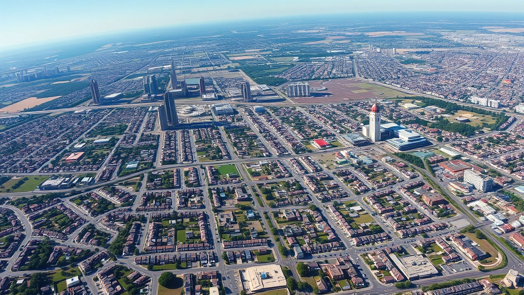 Aerial view of a sprawling urban city with residential neighborhoods, roads, and infrastructure expanding outward, showing urban growth and development, daytime clear weather, photorealistic