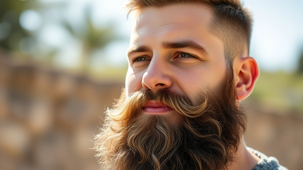 Man with thick, well-groomed full beard, natural sunlight, confident expression, outdoor setting, showcasing healthy facial hair growth and professional grooming