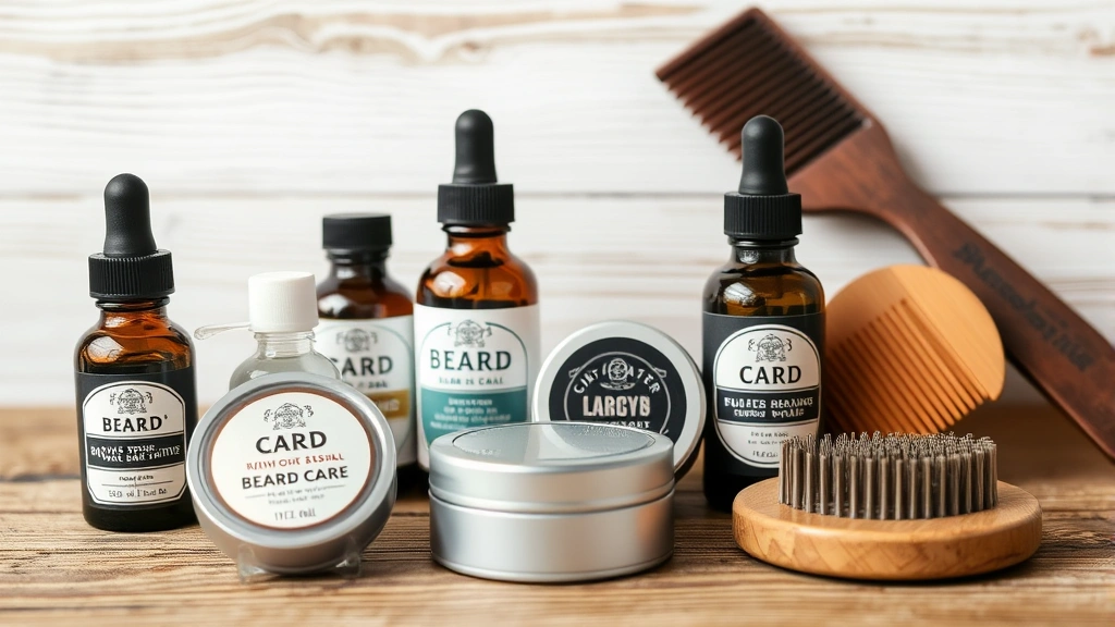 Close-up of beard grooming tools and natural beard care products arranged on wooden surface, showing oils, balms, and combs without text or labels
