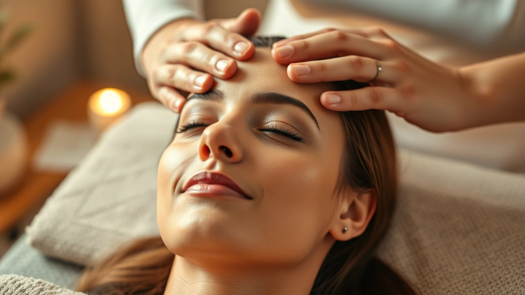 Woman peacefully receiving scalp massage with warm oil, eyes closed in relaxation, hands massaging temples with focused care, warm lighting suggesting wellness ritual, serene expression indicating stress relief and self-care
