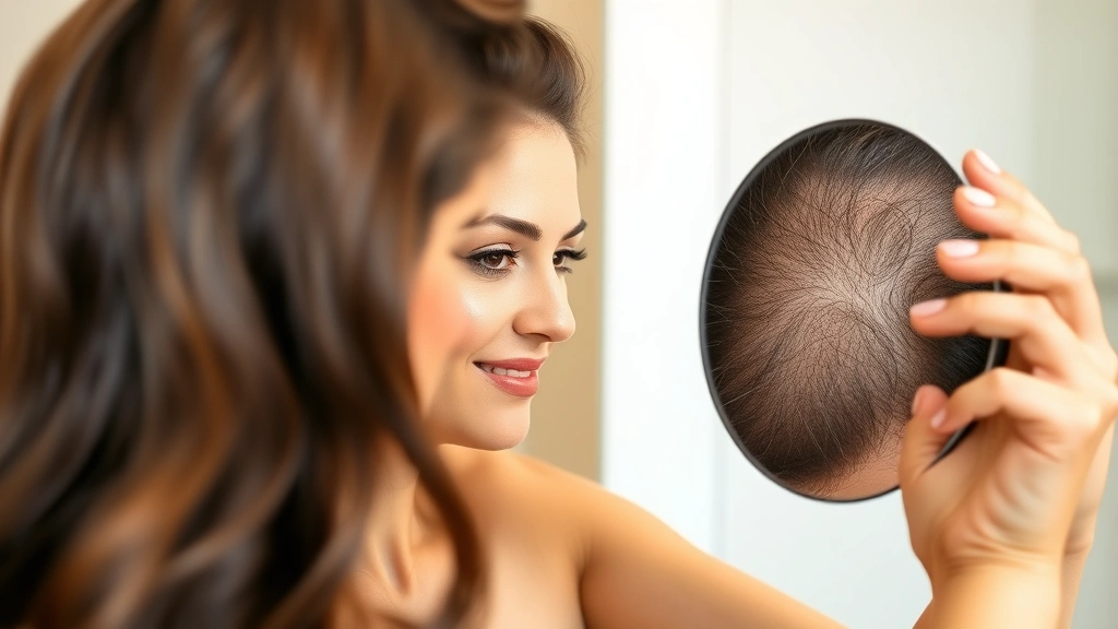 Woman examining her hair in mirror with visible hair density improvement, natural lighting, bathroom setting, confident expression, close-up of scalp showing new growth