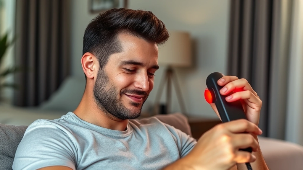 Man using laser hair growth device at home, sitting comfortably, device emitting red light, peaceful expression, modern bedroom environment, demonstrating ease of use
