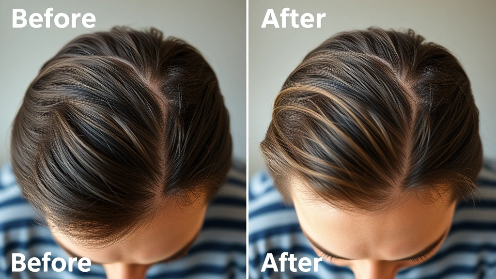 Before and after hair density comparison visualization, person from above showing fuller hair on crown and hairline area, natural daylight, healthy hair texture visible