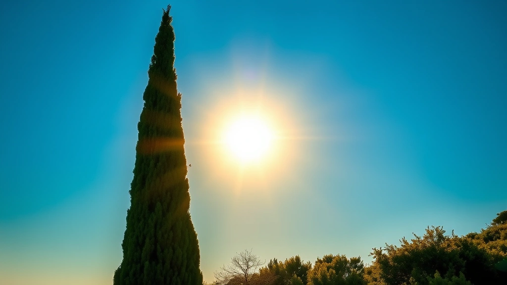 Tall Italian cypress tree silhouetted against Mediterranean sunset, sunlight creating golden glow on rich green foliage, clear blue sky, professional landscape photography, no text or watermarks