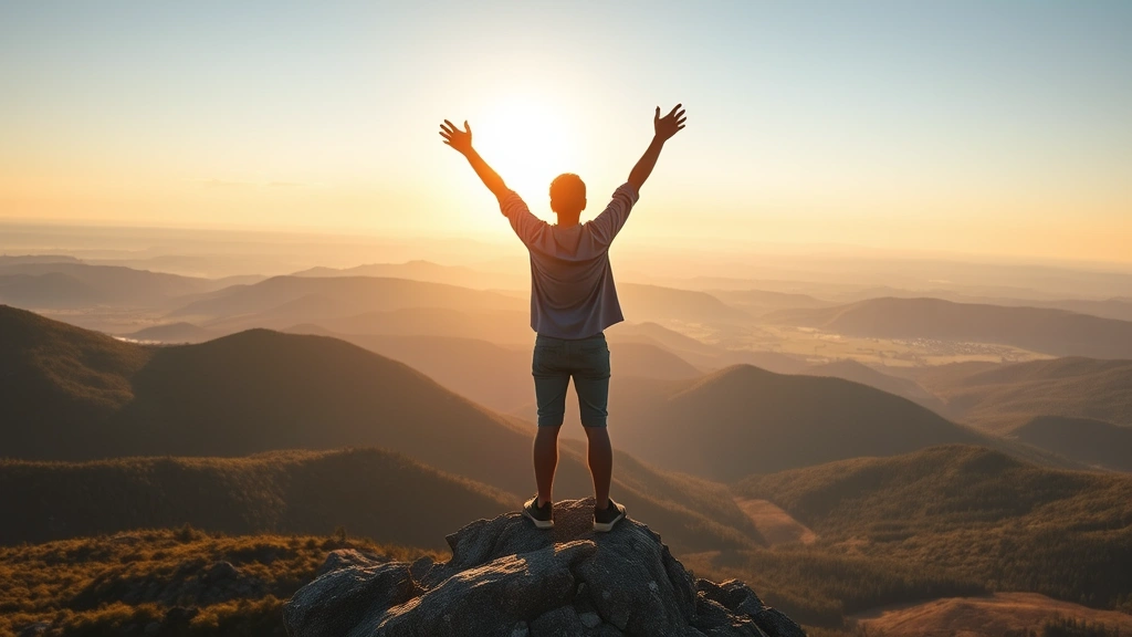 Person standing on mountain peak at sunrise with arms raised in triumph, expansive valley landscape below, golden morning light, wide open sky, inspirational personal growth moment, photorealistic, no text elements