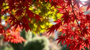 Vibrant red and green Japanese maple foliage in morning sunlight, delicate layered canopy structure, bokeh garden background, photorealistic nature photography