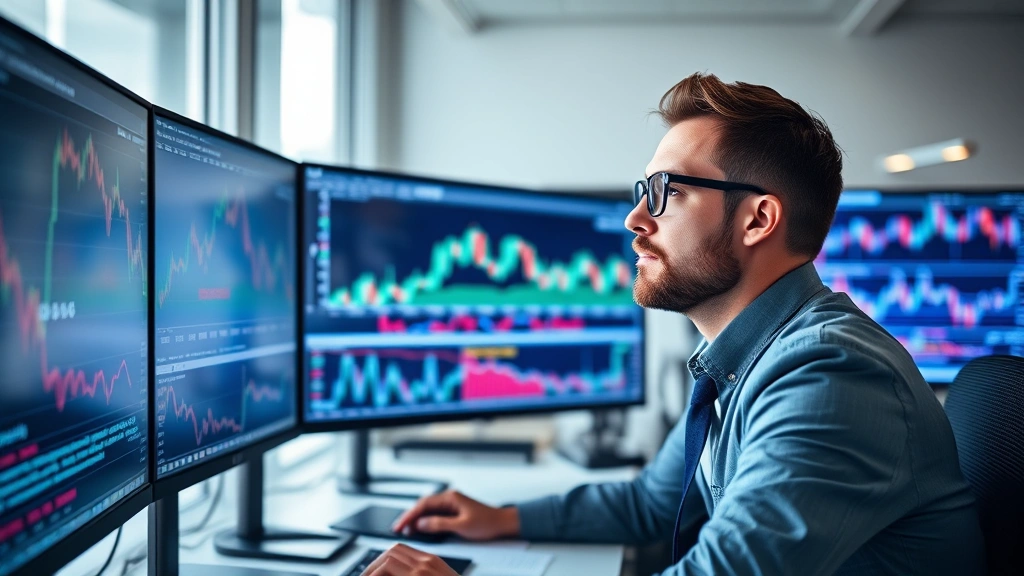 Professional investor analyzing stock charts on multiple monitors in modern office, focused expression, natural lighting from window, professional attire, data visualizations visible on screens