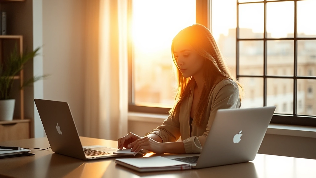 Professional woman at desk during golden hour sunlight, focused on laptop work with notebook and coffee cup, minimalist workspace, natural lighting through window, serene concentration expression, professional casual attire