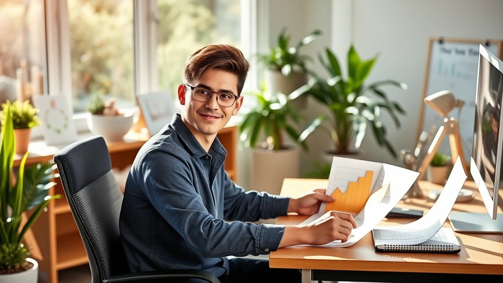 Young professional building growth strategy with visual planning tools, sitting at desk with upward trending charts, confident posture, natural workspace environment, morning sunlight