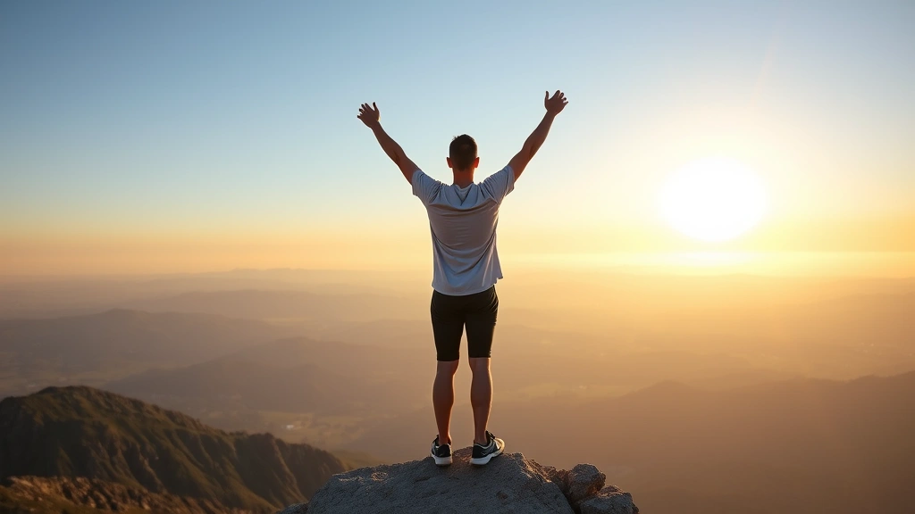 Person standing on mountain peak overlooking vast landscape at sunrise, arms slightly raised in achievement, wearing athletic casual clothing, clear sky with golden light, sense of accomplishment and forward momentum