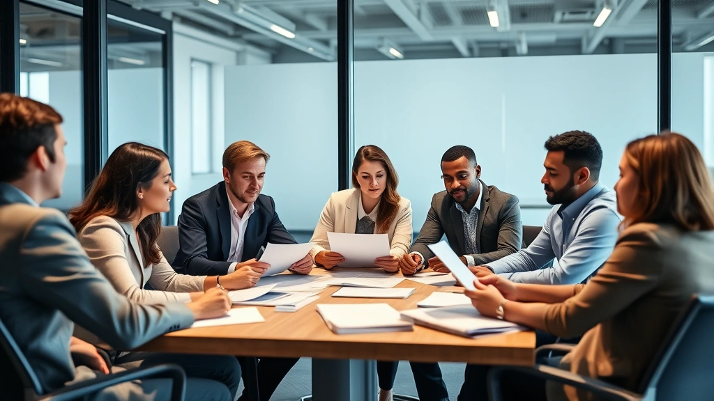 Diverse investment team collaborating on growth opportunities, reviewing documents and discussing strategy, conference room setting, collaborative energy, modern professional environment