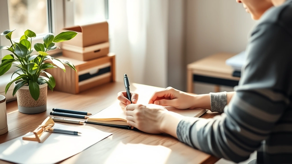 Individual writing in journal at wooden desk with plant nearby, morning light streaming in, thoughtful expression, planning and goal-setting visual, organized workspace with minimal items, peaceful productive atmosphere