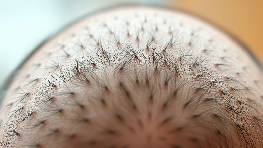 Close-up of healthy scalp with visible follicles and new growth, clean scalp surface, professional dermatology photography style, natural lighting