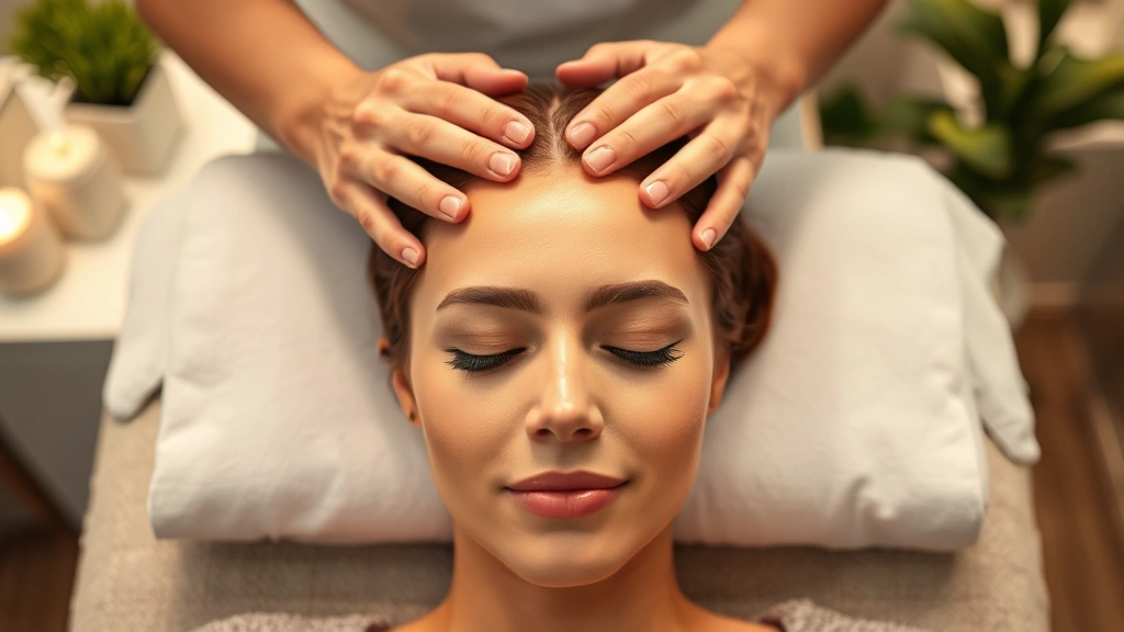Person receiving professional scalp massage treatment at salon, hands massaging scalp, serene expression, spa environment, professional photography
