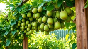 Mature kiwi vine heavily laden with ripe green fruits hanging from sturdy wooden trellis structure, morning sunlight filtering through dense foliage, lush garden setting with healthy green leaves