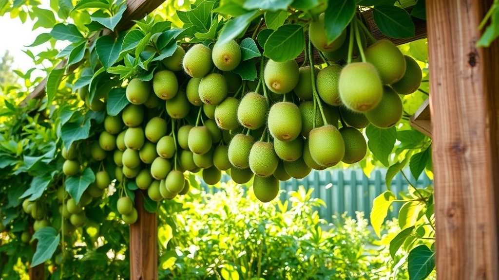 Mature kiwi vine heavily laden with ripe green fruits hanging from sturdy wooden trellis structure, morning sunlight filtering through dense foliage, lush garden setting with healthy green leaves