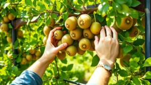A person carefully tending to mature kiwi vines heavy with ripening fruit on a sturdy trellis system in morning sunlight, showing hands gently handling developing kiwis among lush green foliage