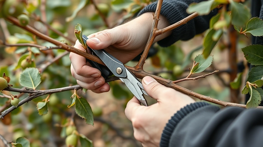 Gardener's hands carefully pruning kiwi vine branches with sharp pruning shears during late winter dormancy, showing proper technique and attention to detail, mature vine framework visible