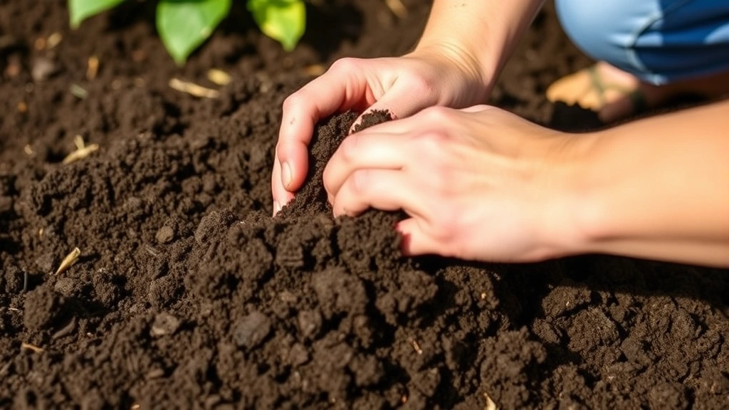 Close-up of rich, dark composted soil being worked into garden bed with hands, showing excellent soil texture and organic matter integration for optimal plant nutrition