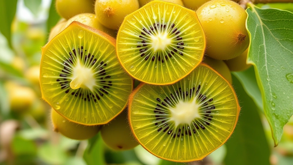 Close-up of kiwi fruit cluster at peak ripeness on the vine, showing golden-green color and perfect maturity, with water droplets on skin, natural garden background